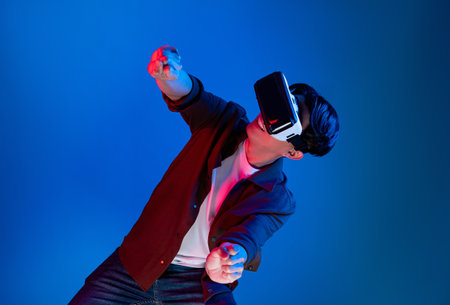 Smart gamer wearing VR turning to metaverse new world driving in car racing competition game player...