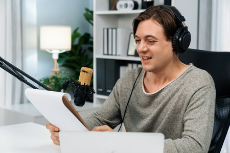Host channel in smart broadcaster with talking show on live social media streaming with script note...