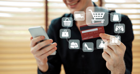 Customer open hologram graphic interface controlling device choosing online platform. Smart consumer touch gadget open e-commerce application using cashless technology shopping inventory. Cybercash.の写真素材