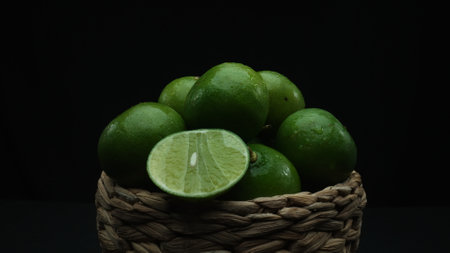 Macrography of sliced lime, vibrant citrus slice are meticulously arranged within a charming wooden basket, set against a striking black background. Close up of wooden basket contain lime. Comestible.の写真素材