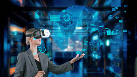 Woman looking finance big data dynamic rotating dynamic world screen by VR future global market...