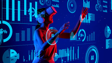 Woman wearing VR looking through metaverse financial business data graph dynamic report innovation...