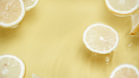 Lemon slices on wavy water surface. Close up lemon sliced placed at yellow background and water...