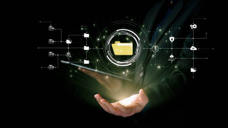 Business person managing online documents folders for efficient work processes. Ensure secure and...