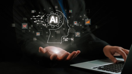 Human interact with AI artificial intelligence brain processor in concept of AI artificial intelligence engineering, big data and AI machine learning to use generative AI for business support. UUIDの写真素材