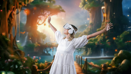 Smiling woman looking by VR surround wonderful fairytale forest wonderland in bokeh neon snowfall at steam water backside magical world mysterious magic greenery at fantasy night. Contraption.の写真素材