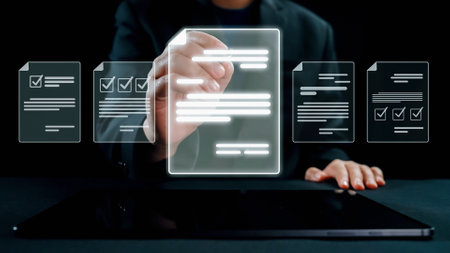 Business person managing online documents for efficient work processes. Ensure secure and quick access to all your important online documents with ease. UUIDの写真素材