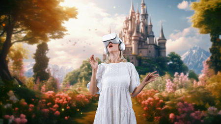 Excited beautiful woman using VR turn on transfer wonderland metaverse fairytale forest magical...