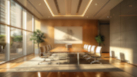 Blur background of modern office or empty meeting room. Interior design of elegance conference room with sun shine through window decorated plant preparing for meeting. Eco company concept. Spate.の写真素材