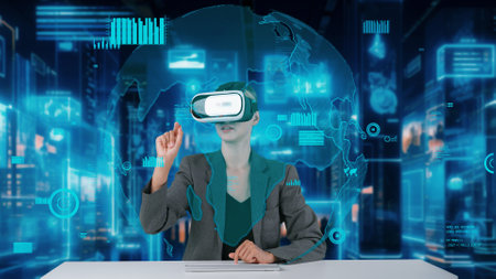 Businesswoman pointing world market data rotating analysis screen by VR future global innovation...