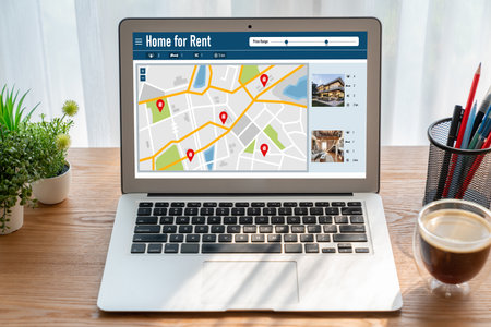Online real estate rental search snugly on computer. House home or apartment rental website online.の写真素材