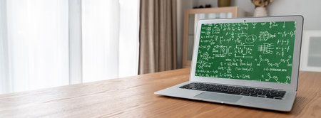 Mathematic equations and modish formula on computer screen showing concept of science and education