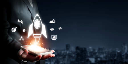 Rocket representing business growth and startup launch, surrounded by icons of strategy, analysis,...