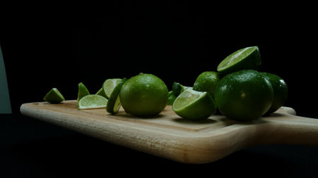 Close-up, a vibrant slice of fresh lime rests upon a rustic wooden cutting board, exuding freshness and vitality. The translucent membranes of the green lime slice placed on cutting board. Comestible.の写真素材