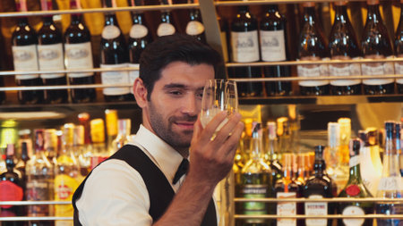 Good looking bartender chilling glass with ice for serving customer at beverage bar counter of welcome drink with charm professionalism, making great first impression warm smiling greeting. Vinosity.の写真素材