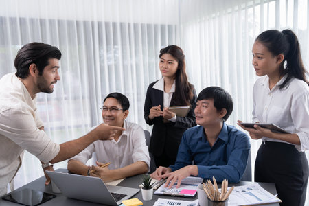 Data analysts team of office worker collaborate on business intelligence BI dashboard to analyze financial, trend, and marketing data. BI software utilization drive business success. Prudentの写真素材