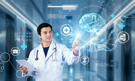 Doctor pointing at medical data while diagnosis symptom by using VR glasses. Doctor wearing lab coat and augmented reality goggles while looking human organ hologram. Healthcare concept. Ingenuity.の写真素材