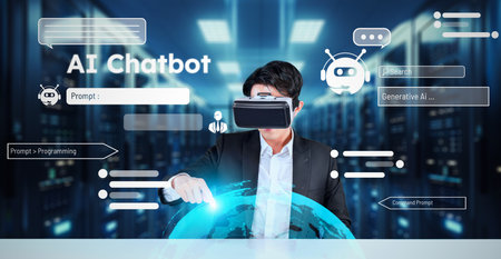 Business man with goggles working while using AI technology. Project manager with formal suit...