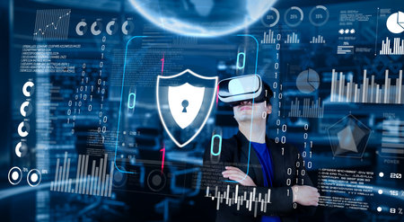 Project manager looking security system hologram and standing at futuristic office with blue glowing...