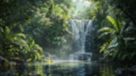 Blur background of tropical waterfall oasis surrounded by dense foliage. Digital art of water fall surrounded with tree with sun ray shine. Exotic travel and nature concept. Design for poster. Spate.の写真素材