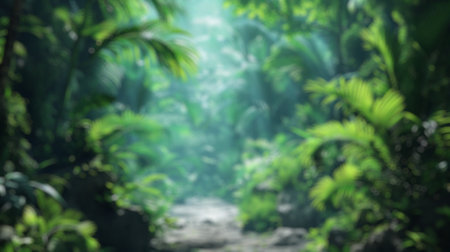 Blur background of white sunlight filtering through the mist and foliage of a dense green tropical jungle. Magical and ethereal nature scene. Realistic 3D render for experience. Poster design. Spate.の写真素材