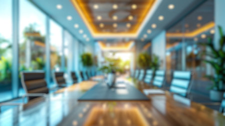 Blur background of modern office or empty meeting room. Interior design of elegance conference room with sun shine through window decorated plant preparing for meeting. Eco company concept. Spate.の写真素材