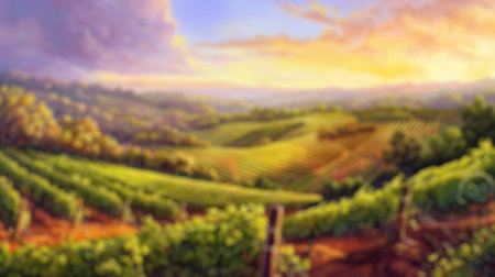 Blur background of vineyard rows in bright sunlight, nestled between hills and trees. Sunlit agricultural landscape. Wine country and sustainable farming concept. Design for banner, poster. Spate.の写真素材