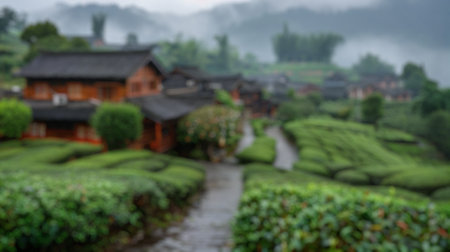 Blur background of wooden house with red roof surrounded by green fields, blue sky scape and trees at sunrise. Countryside living and nature concept. Design for poster, wallpaper, banner. Spate.の写真素材