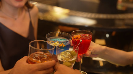 Circle of friends or couple standing fronted bar making selfie, choosing photo to share drinking...
