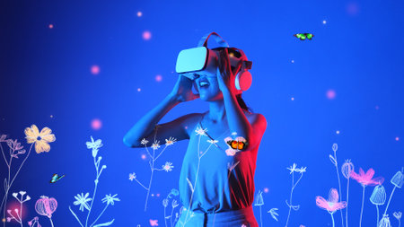 Beautiful Asian woman with VR to metaverse interacting virtual neon flower playing with butterfly...