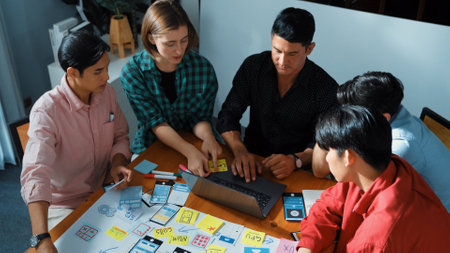 Top view of diverse business people brainstorming idea by using mind map. Creative marketing team...