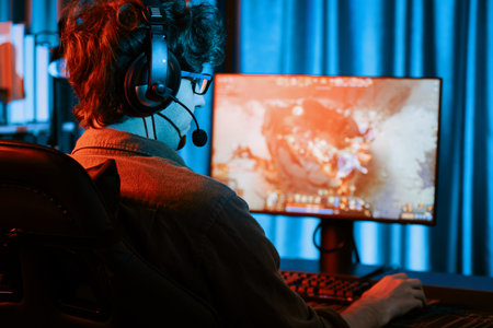 Host channel of young gaming streamer playing fighting Moba at battle arena game with multiplays...