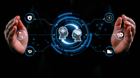 Human interact with AI artificial intelligence brain processor in concept of AI artificial...