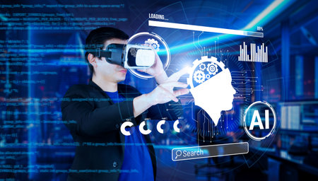 Smart project manager pointing at AI chat hologram and wearing headset at modern office....