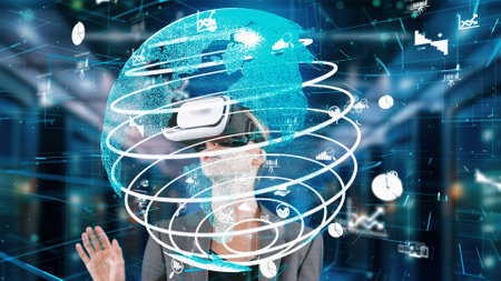Woman looking around analyzed world finance data through VR glasses uploading turn around global...