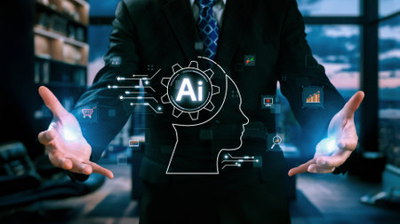 Human interact with AI artificial intelligence brain processor in concept of AI artificial intelligence engineering, big data and AI machine learning to use generative AI for business support. UUIDの写真素材