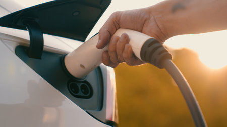 Closeup man recharging battery for electric car during road trip travel EV car in natural forest or...