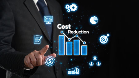 Cost reduction, cost saving concept shown by digital graphic EIDE overlays, corporate business...