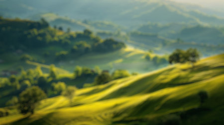 Blur background of countryside landscape in spring season with lawn and blue sky. Park surrounded...