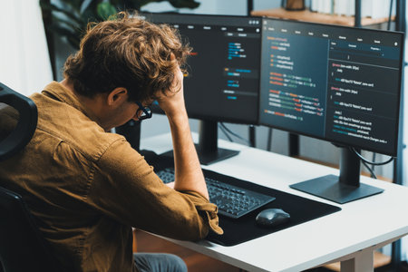 IT developer working online software development on pc monitors at modern home office on coding application screens, creating updated latest program firmware information version concept. Gusher.の写真素材