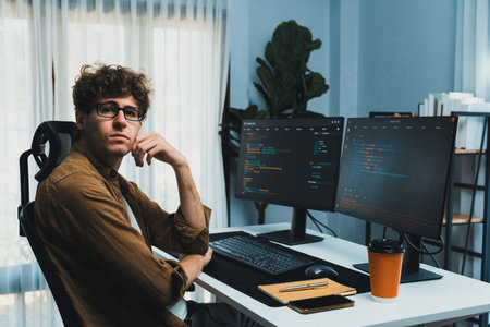 IT developer in online software development information looking at camera surrounded coding pc screens at side view, working on design new program for latest version at modern home office. Gusher.の写真素材