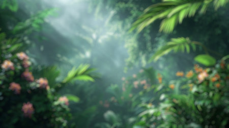 Blur background of white sunlight filtering through the mist and foliage of a dense green tropical jungle. Magical and ethereal nature scene. Realistic 3D render for experience. Green leaves. Spate.の写真素材