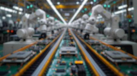 Blur background of robot machine working together at production line. Factory machine or robotic electronic device connecting with system and designing and making product following program. Spate.の写真素材