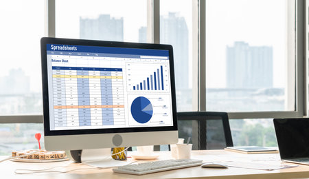 Spreadsheet document information financial startup concept. data and graphs in spreadsheet documents...