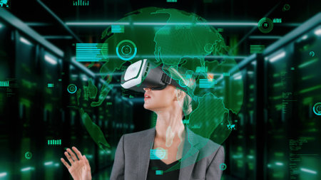 Woman pressing start opening analyze world finance data color green or orange through VR glasses...