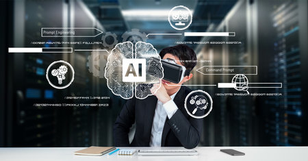 Smart project manager looking and holding business data and checking financial chart. Smart business man wearing augmented reality goggles by using artificial intelligence planning plan. Ingenuity.の写真素材
