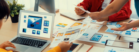 Panorama banner of startup UX developer or company employee design user interface or UI prototype...