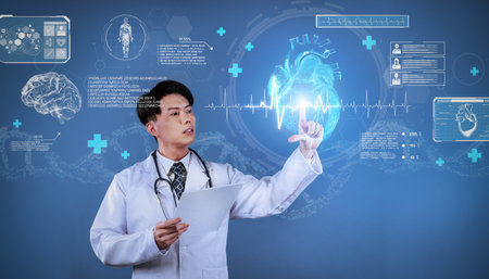 Doctor pointing at human organ hologram while checking medical data and analyzing data. Professional...
