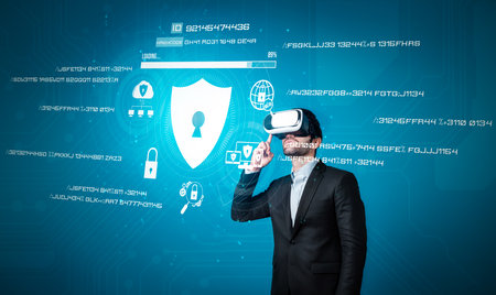 Caucasian project manager looking and planning identity verify or security system by nusing visual...
