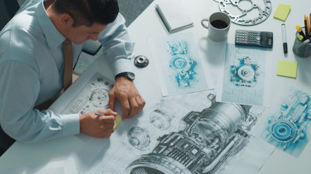 Top view of engineer pointing at turbine engine at meeting table with equipment. Aerial view of...